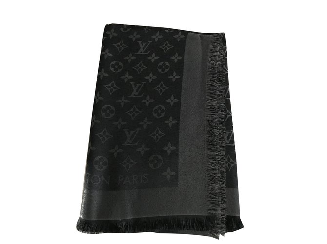 LOUIS VUITTON Silk Lurex Wool So Shine Monogram Shawl Black