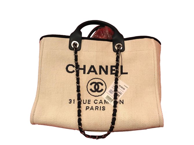 Chanel Sacola grande de Deauville - creme / azuis marinhos Bege Lona  ref.59900