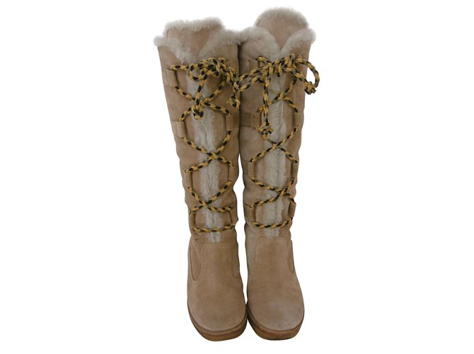 Emilio Pucci Leather Mouton Knee Length Boots Beige Suede Lambskin  ref.60028