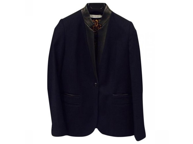 Sandro Jackets Navy blue Leather Wool  ref.60318