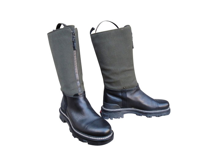 Prada Boots Black Khaki Leather Cloth  ref.60736
