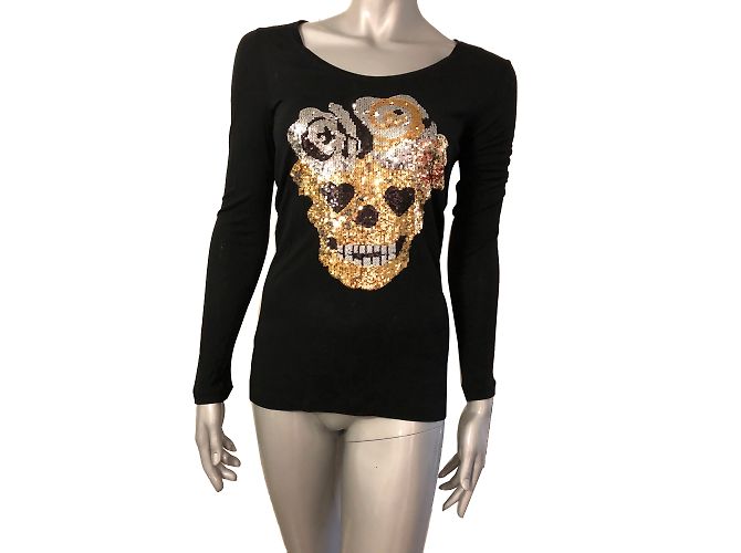 Autre Marque Top a maniche lunghe Amor e Psyche con teschio in paillettes nero oro