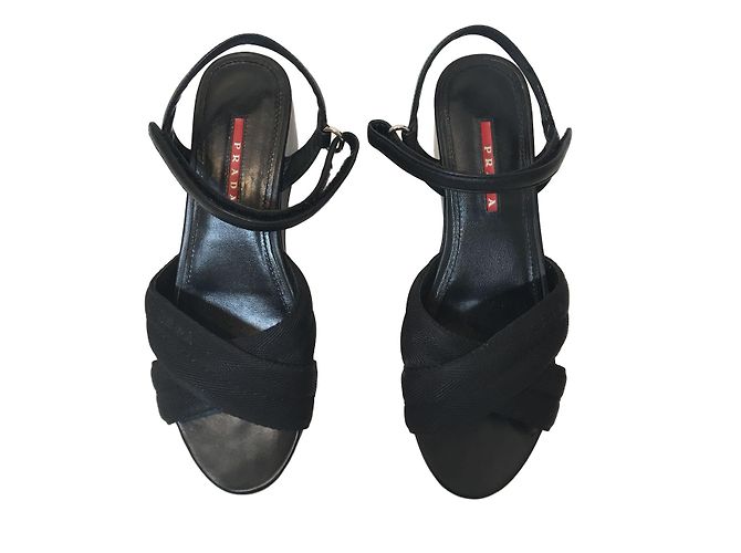 Prada Black Leather and Cloth Wedge Sandals