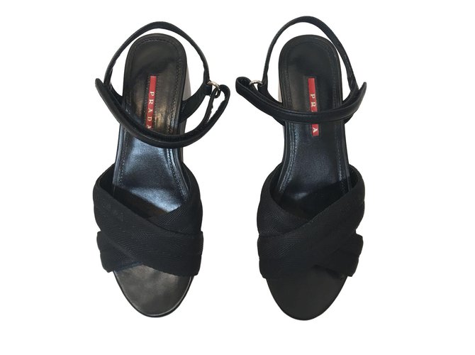 Prada Sandals Black Leather Cloth  ref.61258
