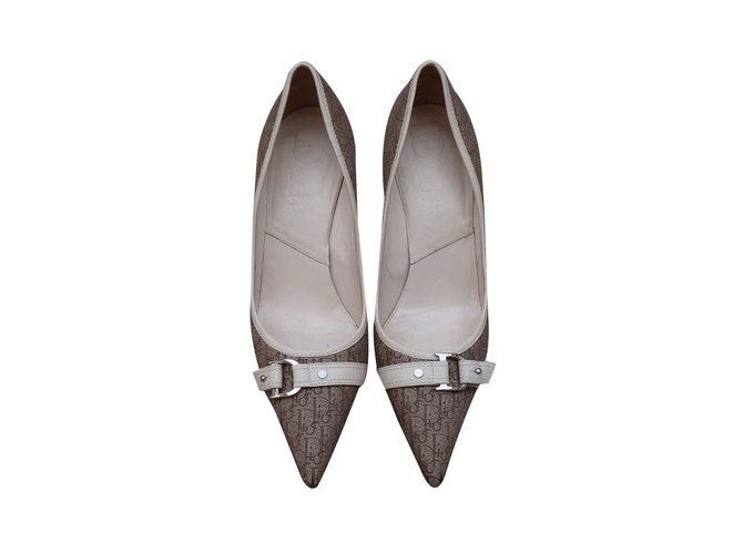 Dior Heels Brown Beige Leather Cloth  ref.61903