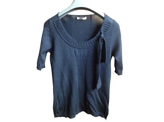 Prada Schwarzer Kurzärmeliger Wollpullover mit Schleife 