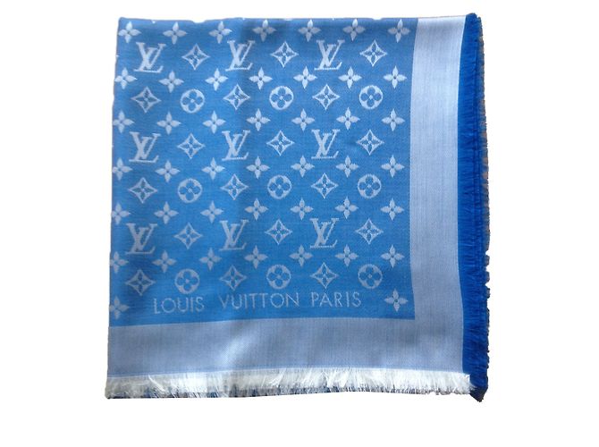Louis Vuitton Bufanda clásica del monograma Azul Seda
