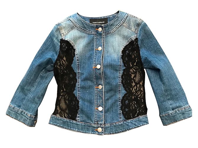 Giacca in denim Flavio Castellani con inserti in pizzo nero Blu