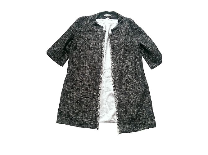 René Lezard Giacca Lunga in Tweed Grigio Seta e Cotone