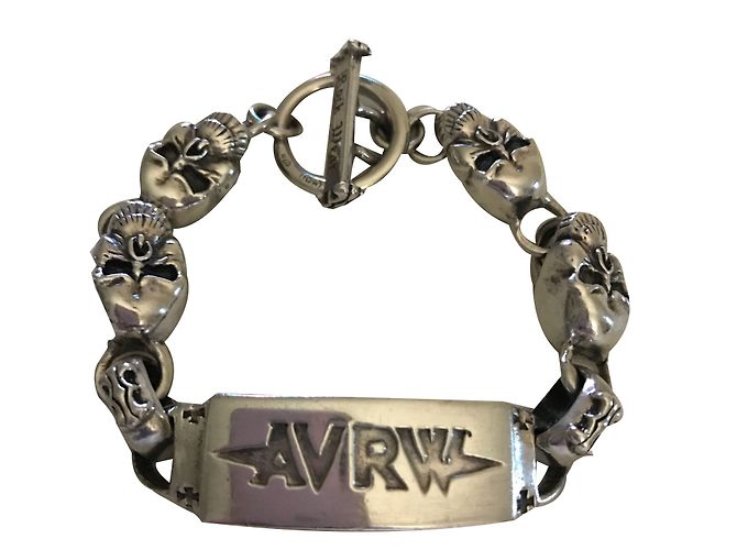 Autre Marque Pulseira de prata maciça com placa de identidade e crânios