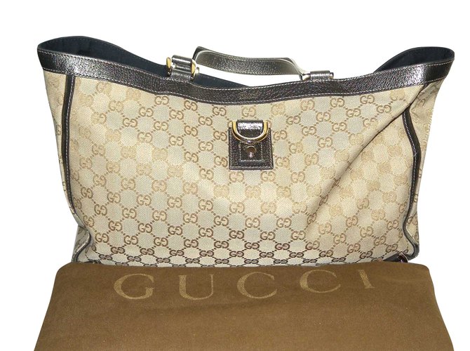 Gucci Totes Silvery Cream Leather Cloth  ref.64714