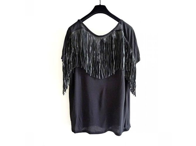 Top de flecos de cuero Sandro Negro