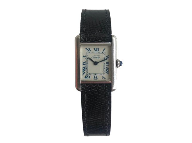 Cartier Tank Black Silvery Silver Exotic leather  ref.64879