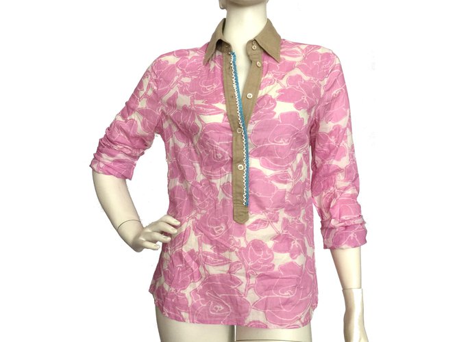 Henry Cotton's Floral cotton shirt Pink White Beige  ref.65070