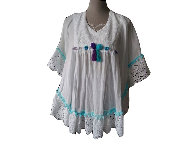 Autre Marque Blusa Túnica de Algodón Blanco Bordado con Pompones Turquesa