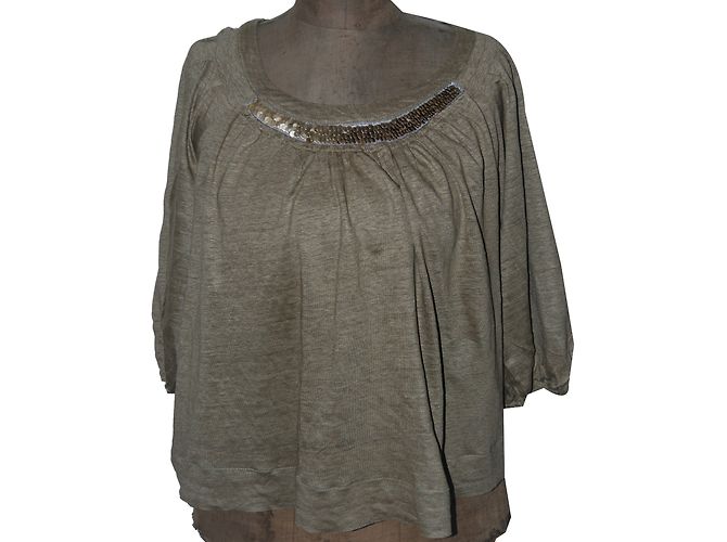 Top curto de linho Sandro com lantejoulas cáqui Caqui
