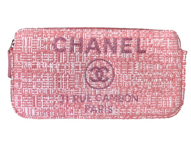 Chanel Pink Tweed Canvas forrado Zip carteira na cadeia Rosa  ref.65218