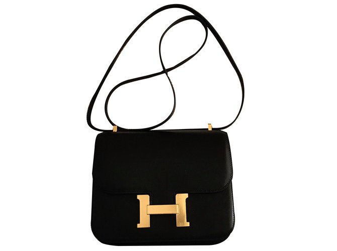 Constance Hermès Constanza 18cm Piel Evercalf negra con herrajes dorados Negro Cuero  ref.65220