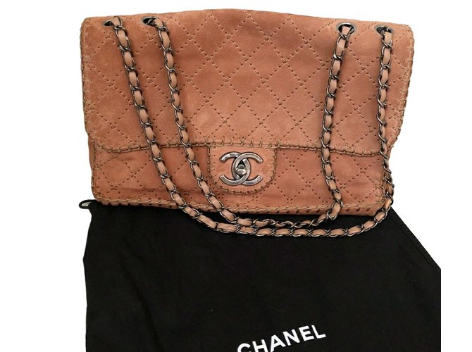 Chanel Stitched flap bag large Brown Suede  ref.65309