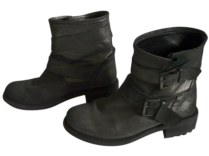 Autre Marque Ankle Boots Metallic Dark grey Leather Rubber  ref.65368