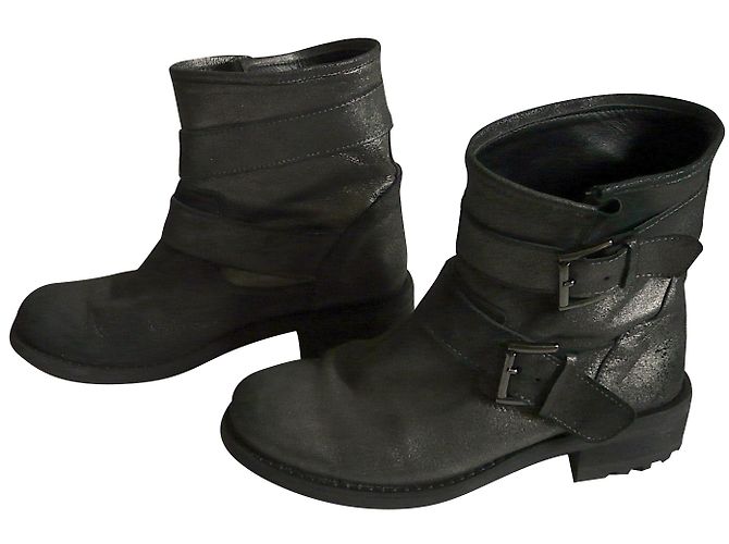 Autre Marque Biker Stiefeletten Silberne Leder 38 Metallisch Anthrazitgrau