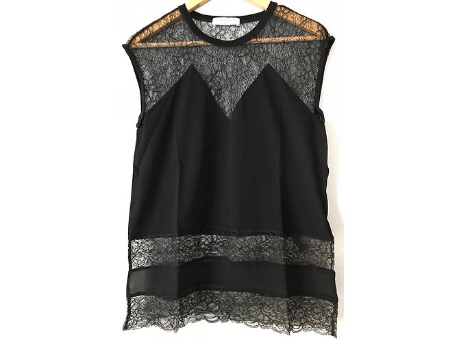 Top Sandro de algodón negro con inserciones de encaje