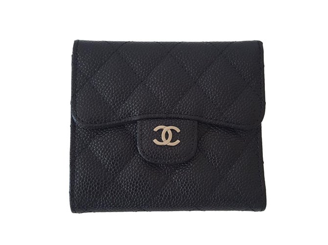 Classique Portefeuille compact Chanel cuir grainé neuf Noir  ref.66100
