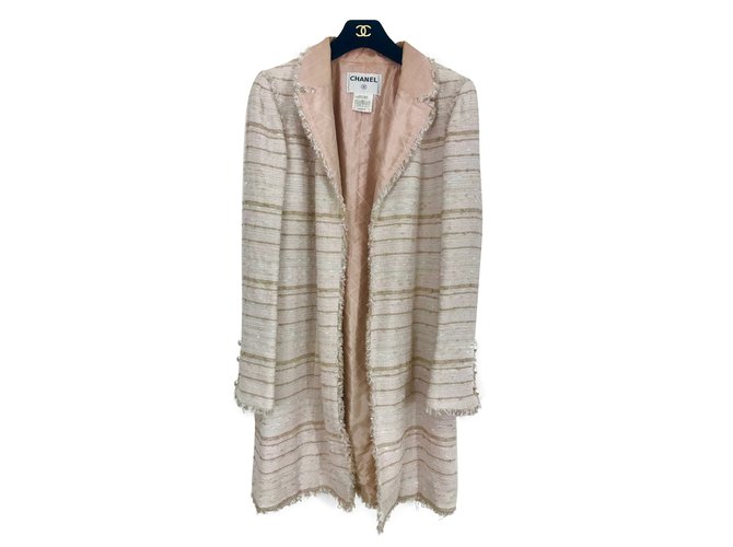 Chanel jaqueta longa tweed primavera Rosa Bege  ref.66185