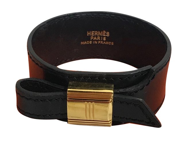 Hermès Pulsera Kelly Lock Negro Cuero Metal  ref.66188