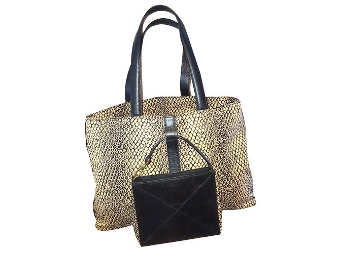 Lancel Handbag Leather and Canvas Python Print Beige Camel Black