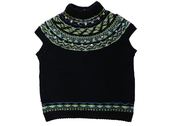 Sonia Rykiel ärmelloser Jacquard Pullover Merinowolle schwarz blau grün