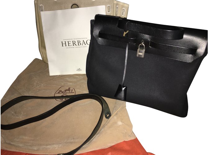 Hermès Bolsa Herbag Preto Bege Lona  ref.67124