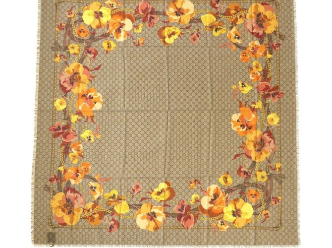 Gucci floral scarf new Beige Orange Yellow Wool  ref.67273