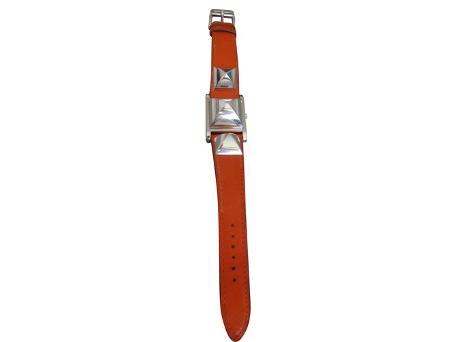 Hermès Reloj medor Naranja Cuero Plata  ref.67276