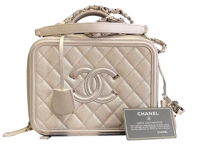 Chanel Vanity case Silvery Leather  ref.67345