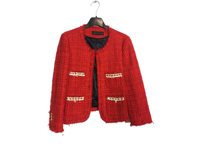 zara tweed jacket red