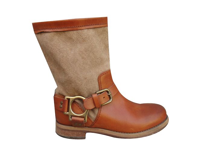 Botas Biker Dolce & Gabbana Castanho Claro Couro e Lona 37 IT