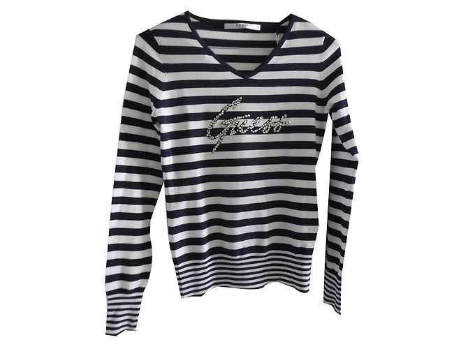 Maglia Guess a maniche lunghe bianca e blu navy in viscosa Bianco