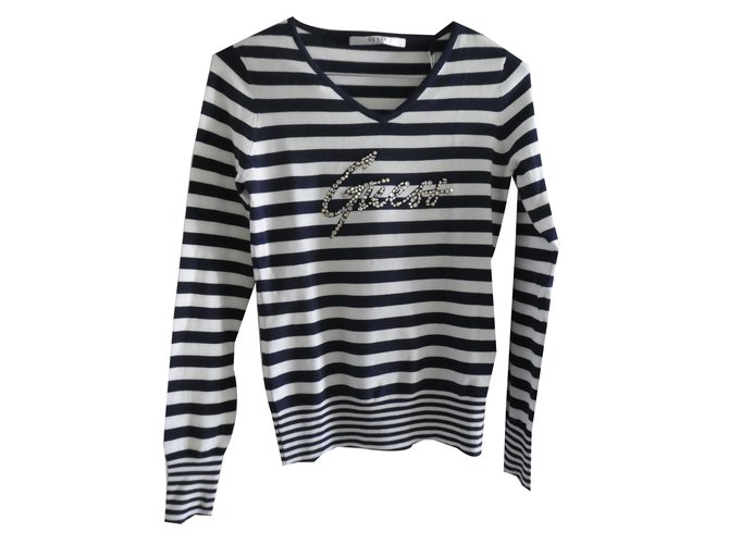 Guess Top White Navy blue Viscose  ref.68045
