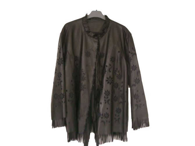 Ermanno Scervino Jacke aus schwarzem Leder mit Fransen und Blumen