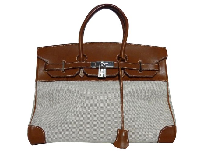Hermès Birkin 35 Cream Light brown Leather Cloth  ref.68217
