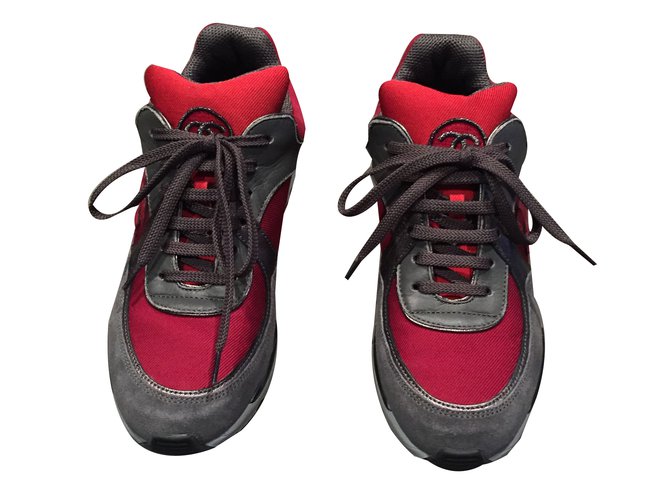 Chanel Sneakers Red Grey Leather Cloth Deerskin  ref.68571