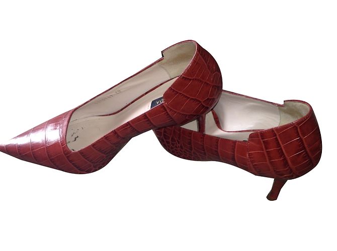 Escada Red Exotic Leather Croco Pumps