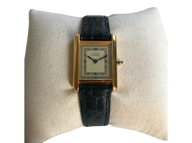 Cartier Tank Must Blue Golden Leather Silver Gold-plated  ref.69273