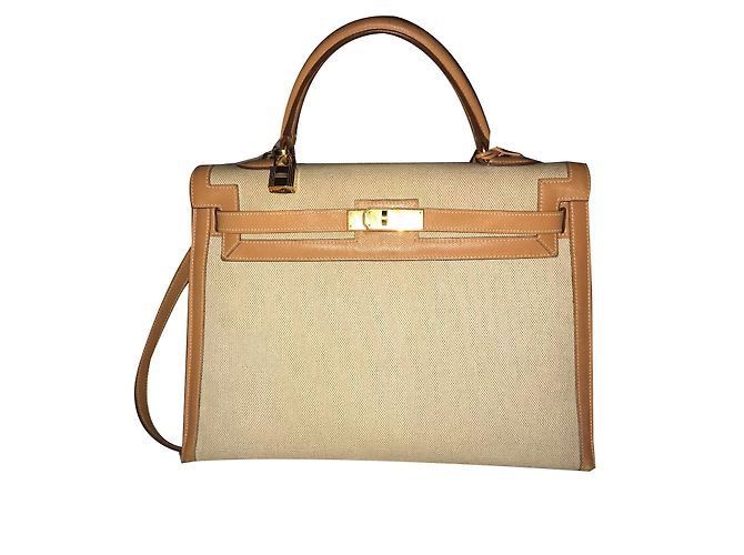 Hermès Kelly 35 Toile Sable et Cuir Cognac