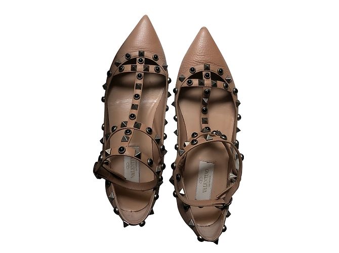 Valentino Garavani Rockstud Rolling Ballerinas Schwarz Beige Leder