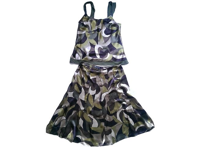 Conjunto de Top e Saia de Seda Estampada Pennyblack Castanho Bege Verde Marrom