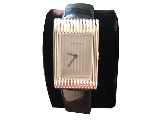 Boucheron Uhr mit schwarzem Lackleder Silber