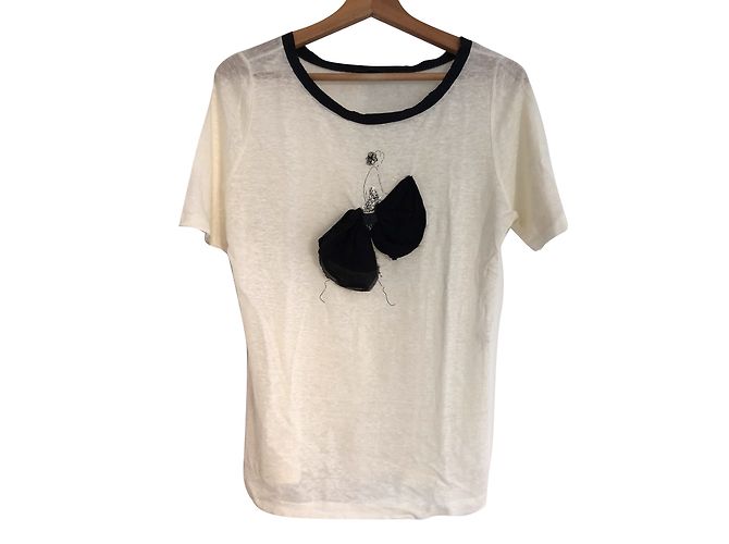 Maje Ecru Dancer Pattern T-shirt with Sequins and Rhinestones White