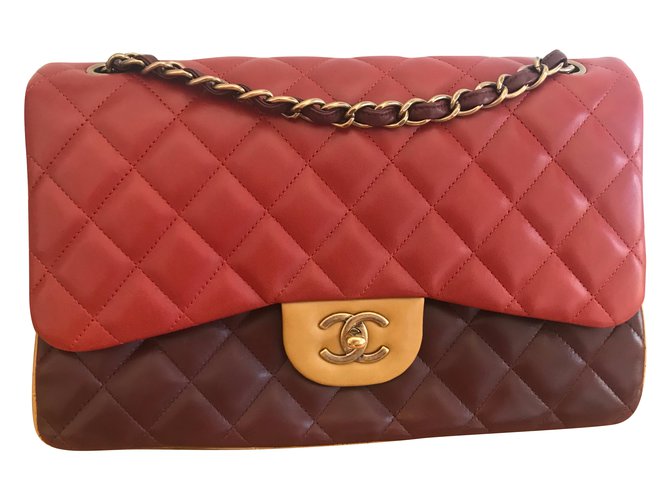 Timeless Chanel Jumbo Beige Orange Bordeaux Lammfell  ref.70954